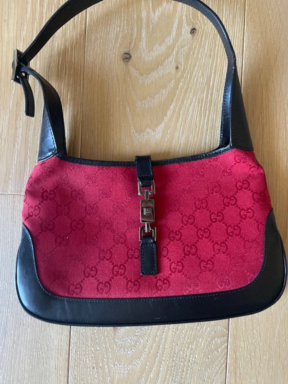 Authentic Vintage Gucci Jackie O Hobo Bag - Red GG Canvas & Black Leather